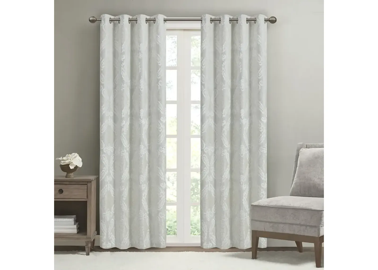 SunSmart Amelia White Knitted Jacquard Paisley Total Blackout Grommet Top Curtain Panel