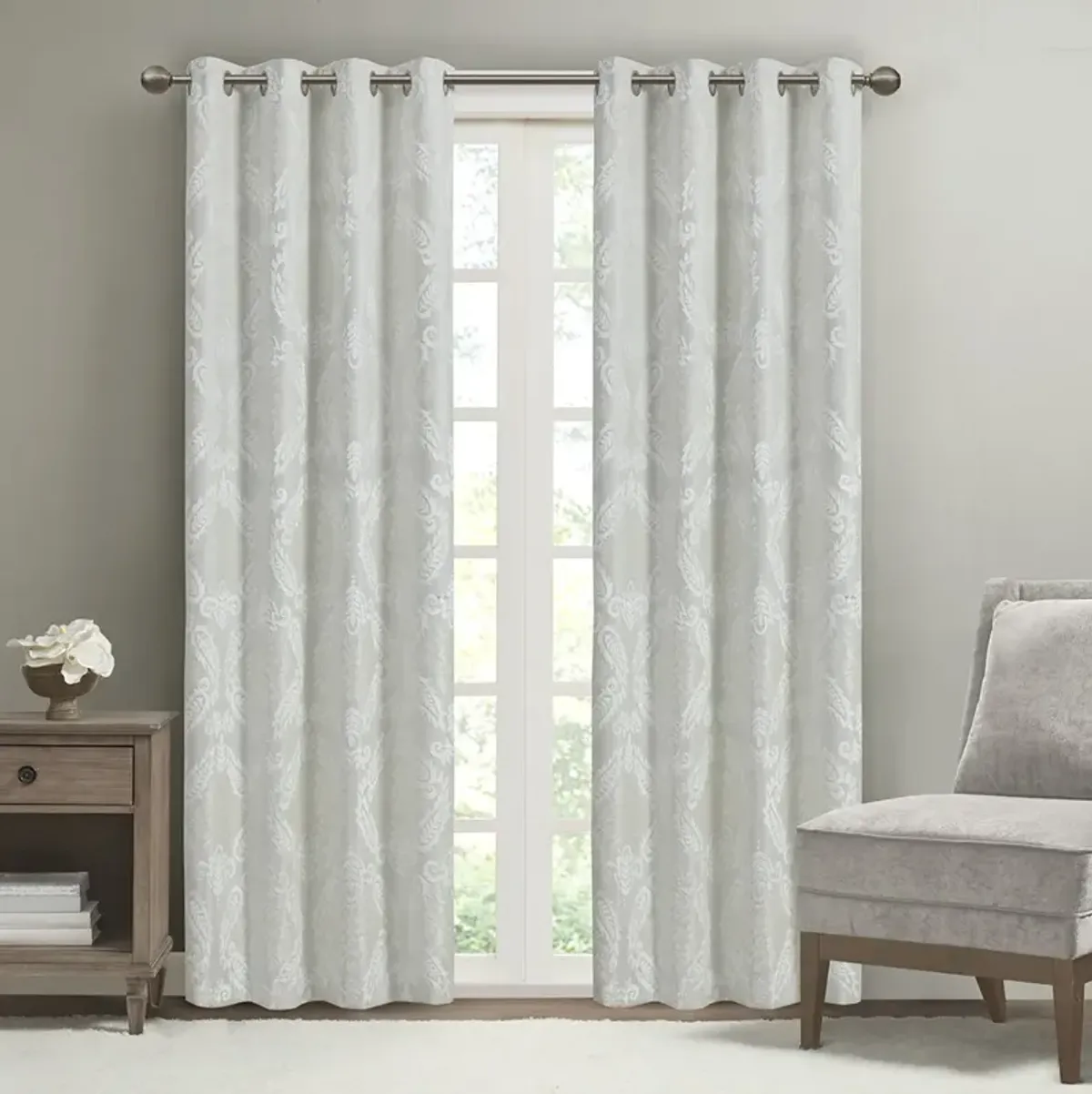 SunSmart Amelia White Knitted Jacquard Paisley Total Blackout Grommet Top Curtain Panel