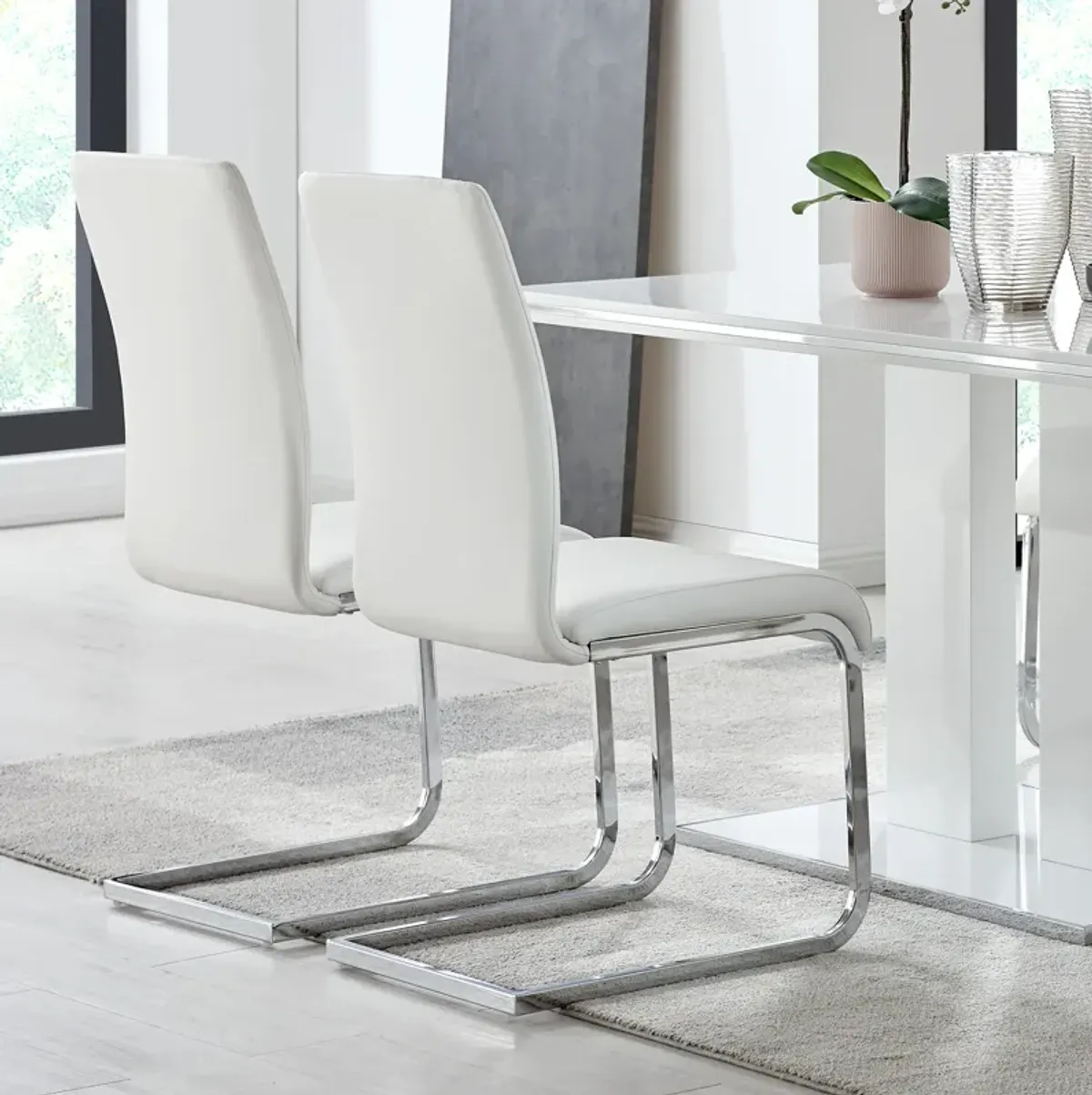 Amanda Contemporary Side Chair in White Faux Leather and Chrome Finish - Set of 2