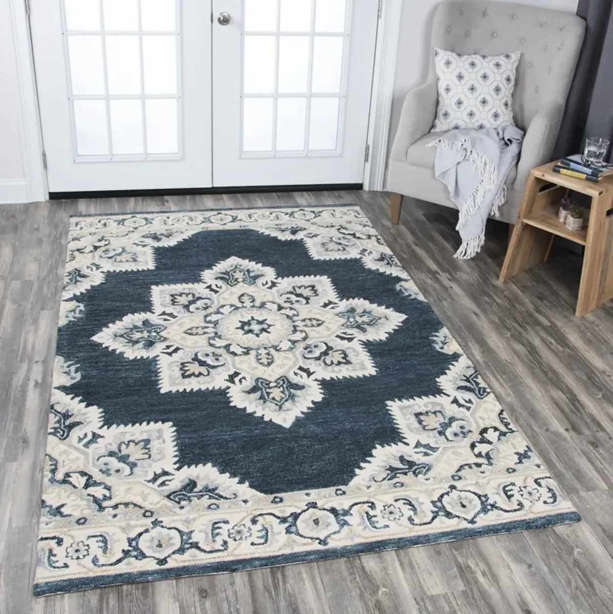 Resonant Dk.Blue/Natural Central Medallion Wool 10' x 13' Rectangle Rug