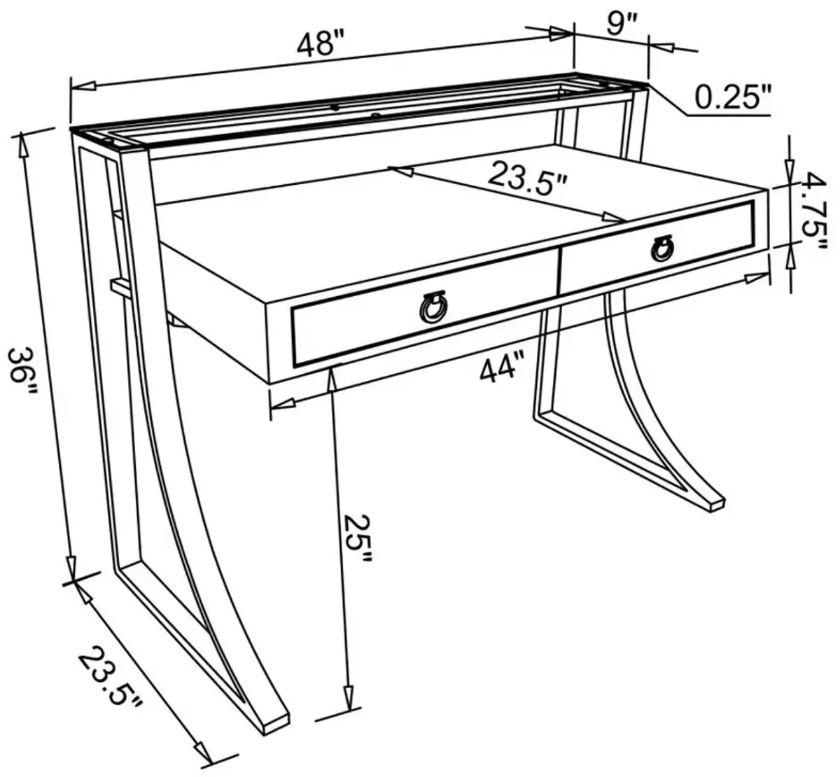 Gemma 2-drawer Writing Desk Glossy White and Chrome