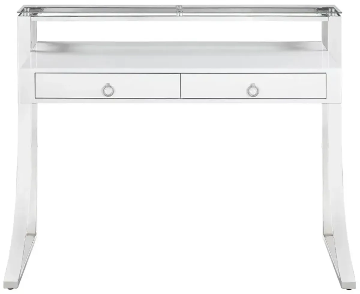 Gemma 2-drawer Writing Desk Glossy White and Chrome