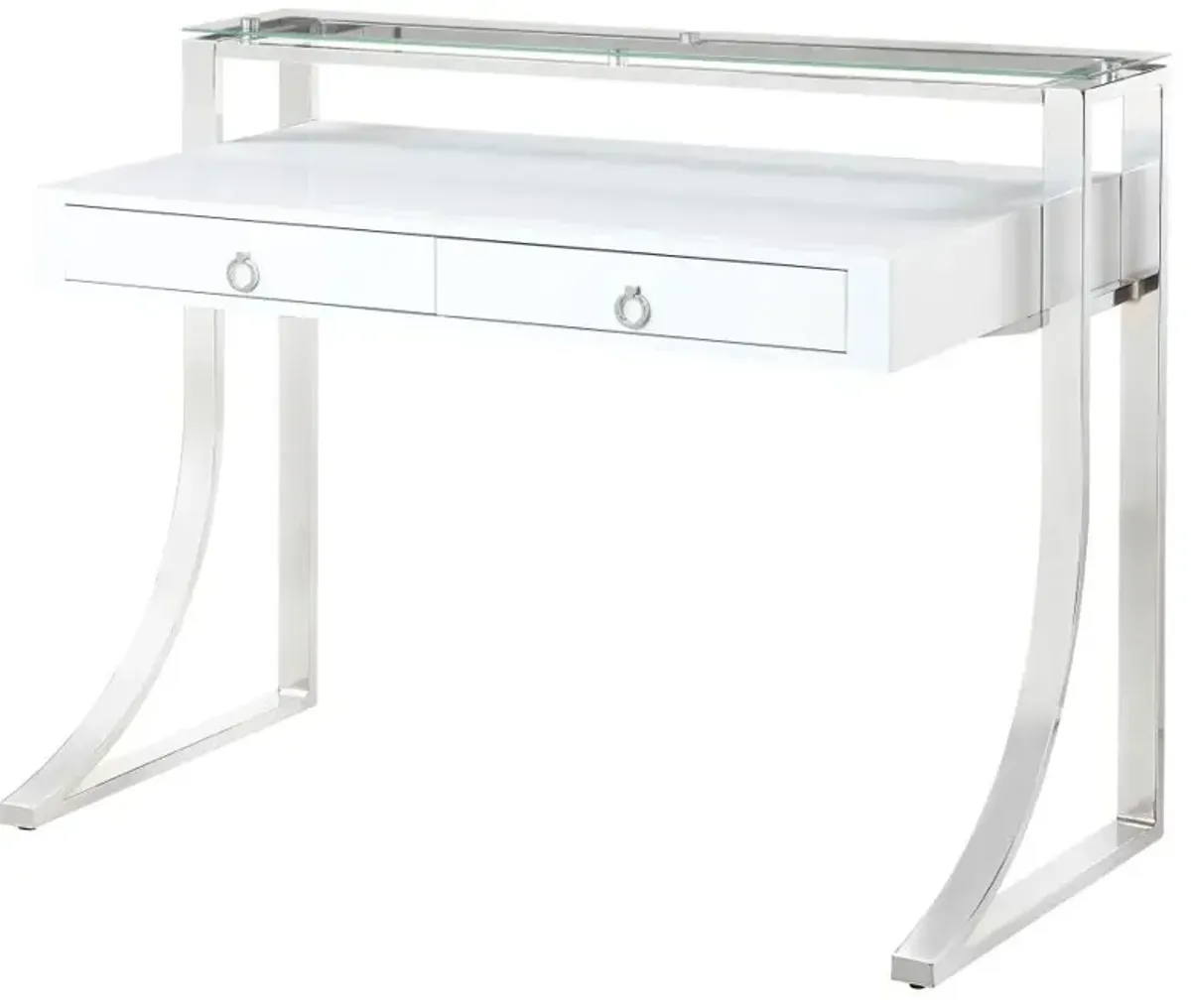 Gemma 2-drawer Writing Desk Glossy White and Chrome