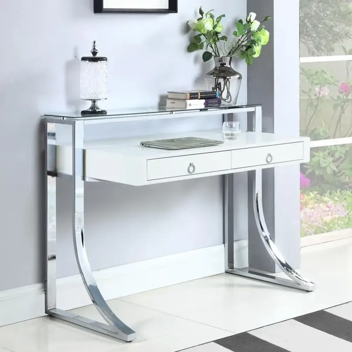 Gemma 2-drawer Writing Desk Glossy White and Chrome