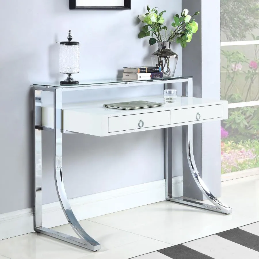 Gemma 2-drawer Writing Desk Glossy White and Chrome