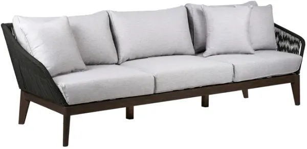 Athos Indoor Outdoor 3 Seater Sofa in Dark Eucalyptus Wood with Latte Rope and Grey Cushions