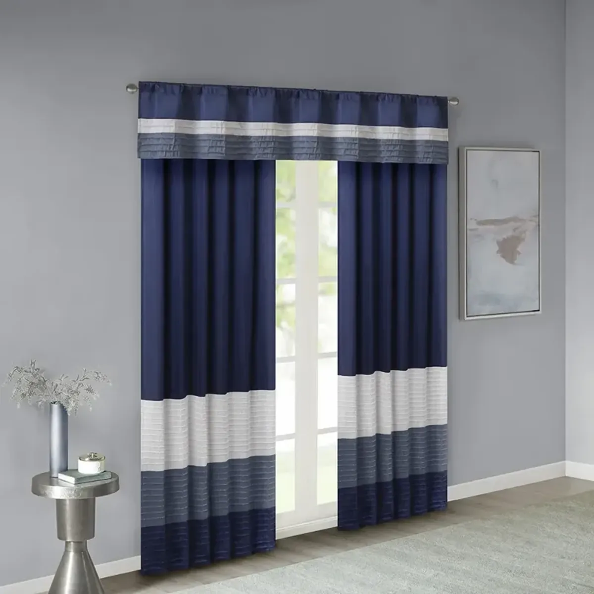 Madison Park Amherst Navy Polyoni Pintuck Window Valance