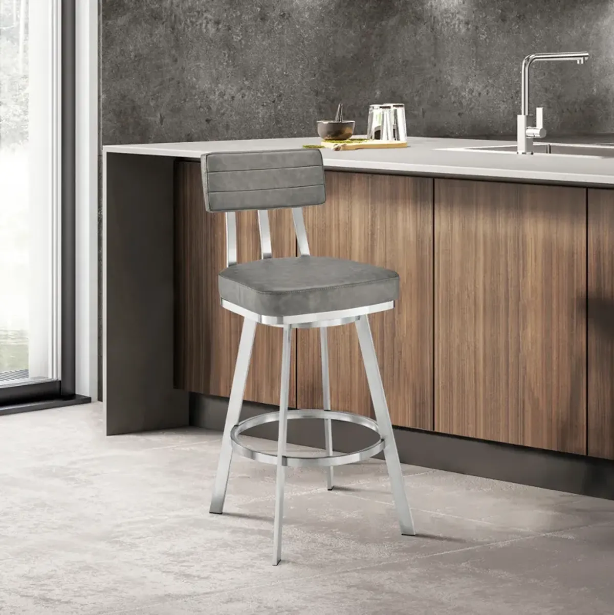 Jinab Swivel Bar Stool in Brushed Stainless Steel with Gray Faux Leather