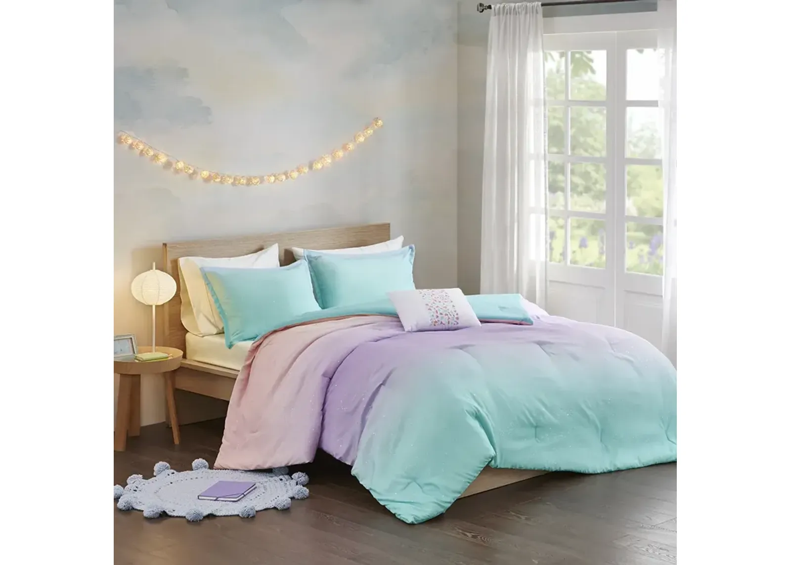 Mi Zone Glimmer Aqua Metallic Glitter Printed Reversible Comforter Set