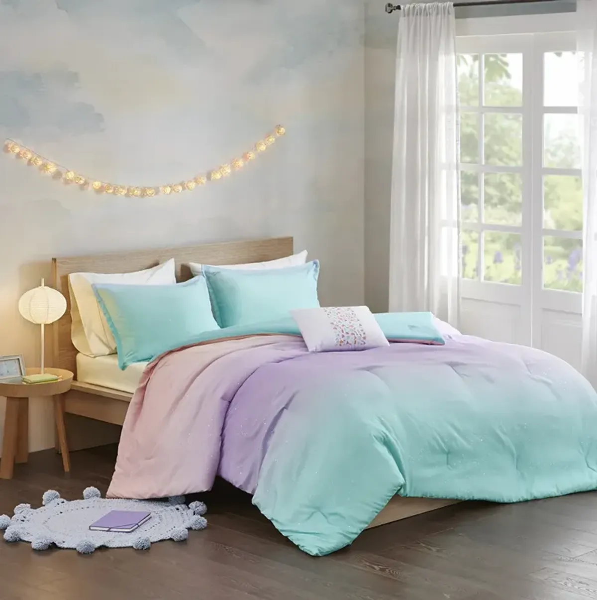 Mi Zone Glimmer Aqua Metallic Glitter Printed Reversible Comforter Set