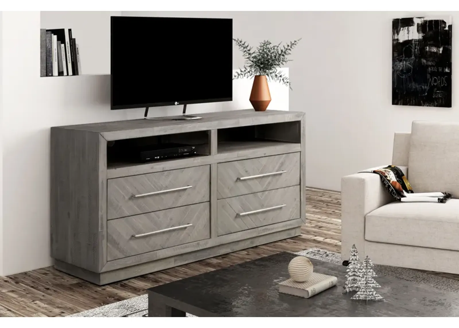 Alexandra Solid Wood 64 inch Media Console in Rustic Latte