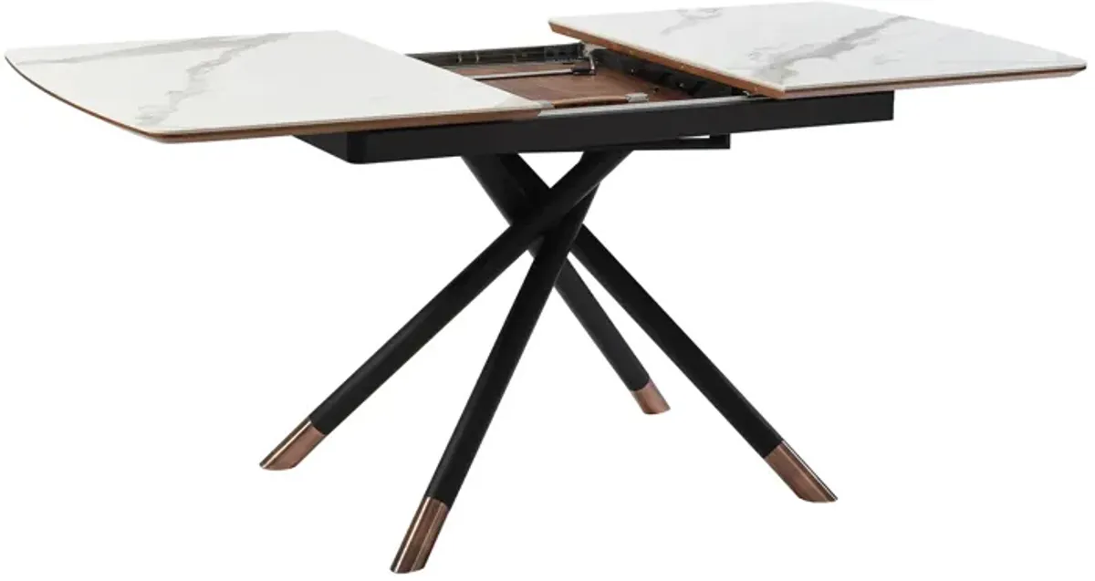 Alora Extendable Dining Table with Light Gray Ceramic and Wood Top and Metal Legs