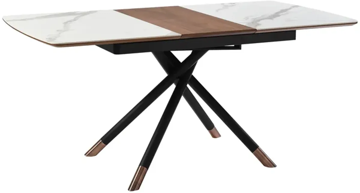 Alora Extendable Dining Table with Light Gray Ceramic and Wood Top and Metal Legs