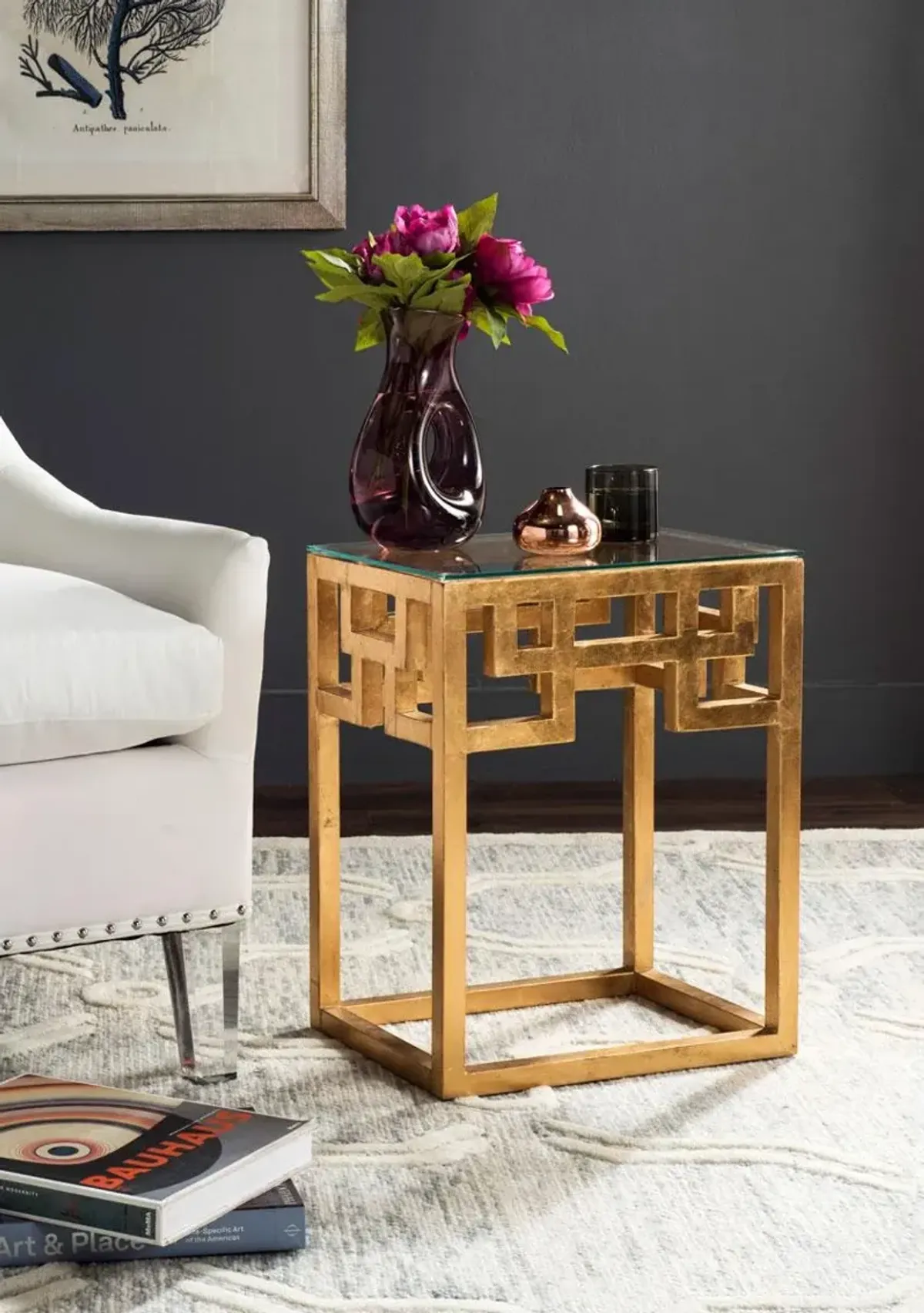 BYRAM GREEK KEY GLASS TOP END TABLE