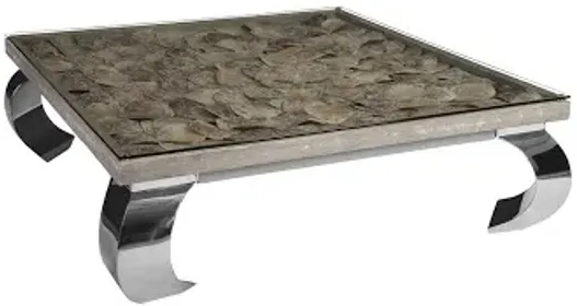 shell coffee table, w/glass, ming ss legs