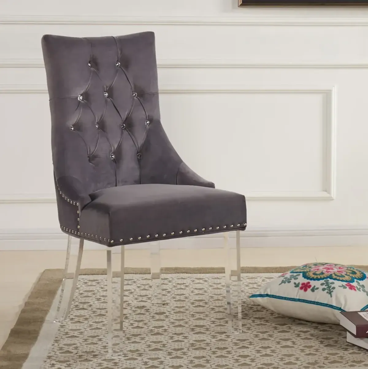 Gobi Modern and Contemporary Tufted Dining Chair in Gray Velvet with Acrylic Legs