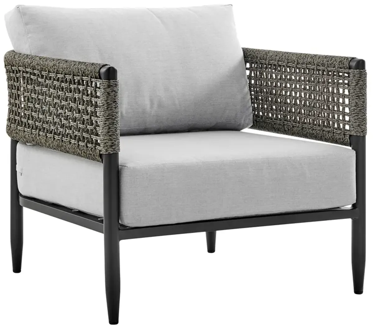 Alegria 4 Piece Outdoor Black Aluminum & Rope Conversation Set with Light Gray Fabric Cushions