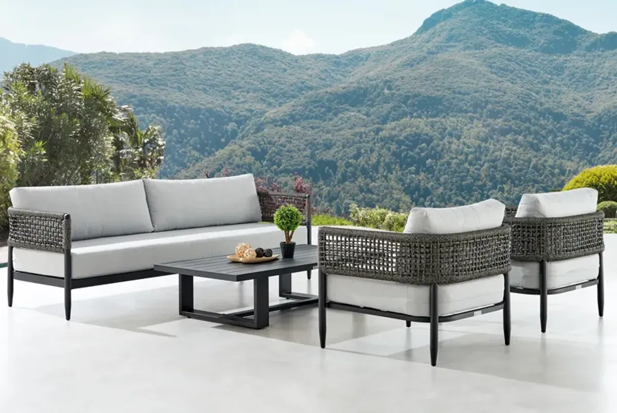 Alegria 4 Piece Outdoor Black Aluminum & Rope Conversation Set with Light Gray Fabric Cushions