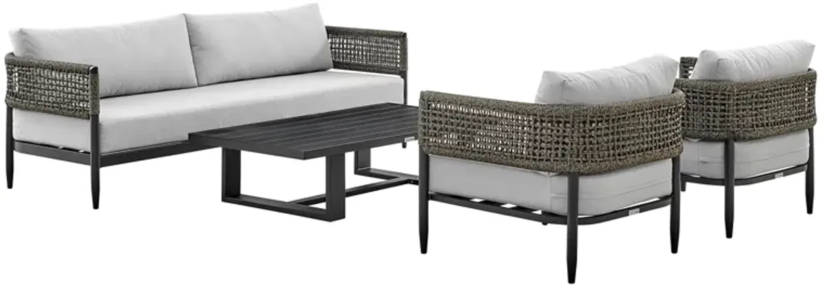 Alegria 4 Piece Outdoor Black Aluminum & Rope Conversation Set with Light Gray Fabric Cushions