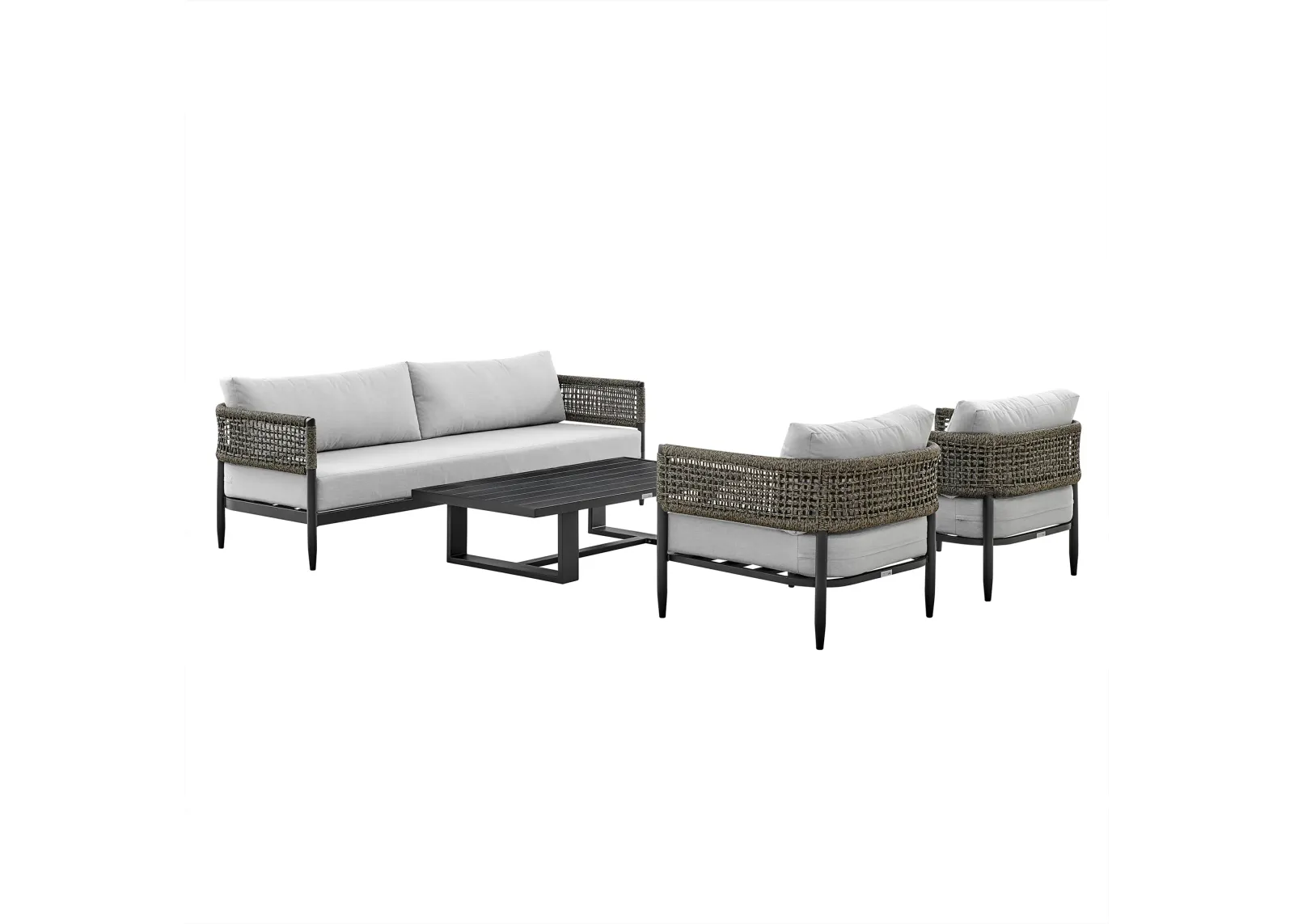 Alegria 4 Piece Outdoor Black Aluminum & Rope Conversation Set with Light Gray Fabric Cushions