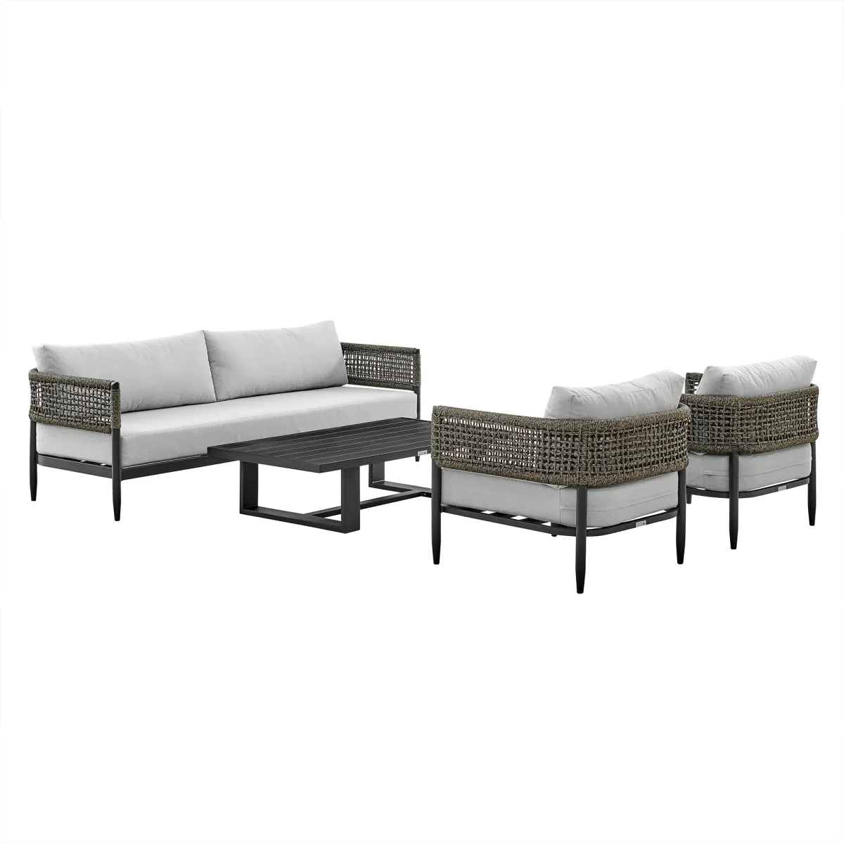 Alegria 4 Piece Outdoor Black Aluminum & Rope Conversation Set with Light Gray Fabric Cushions