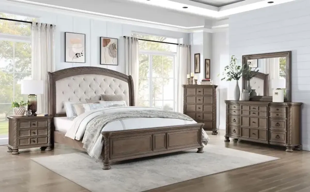 Emmett Tufted Headboard Eastern King Panel Bed Walnut and Beige