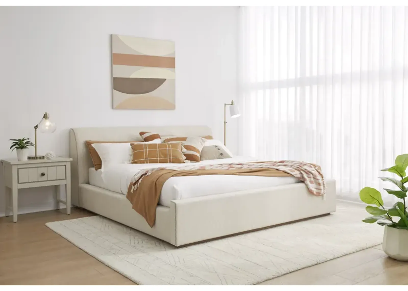 Louis Full-size Upholstered Platform Bed in Natural Linen