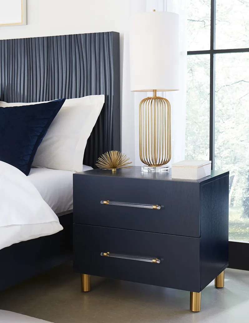 Argento Two Drawer USB Charging Nightstand in Navy Blue and Burnished Brass