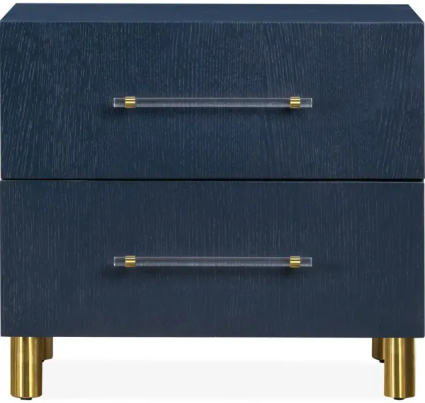 Argento Two Drawer Usb Charging Nightstand In Navy Blue And Burnished Brass