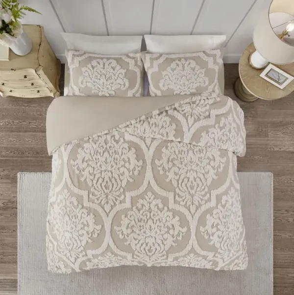 Madison Park Viola Taupe 3 piece Tufted Cotton Chenille Damask Duvet Cover Set