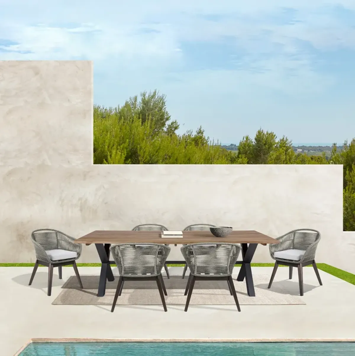 Glendora Tutti Frutti Outdoor Patio 7 Piece Live Edge Dining Set in Eucalyptus Wood Gray Rope and Cushions 