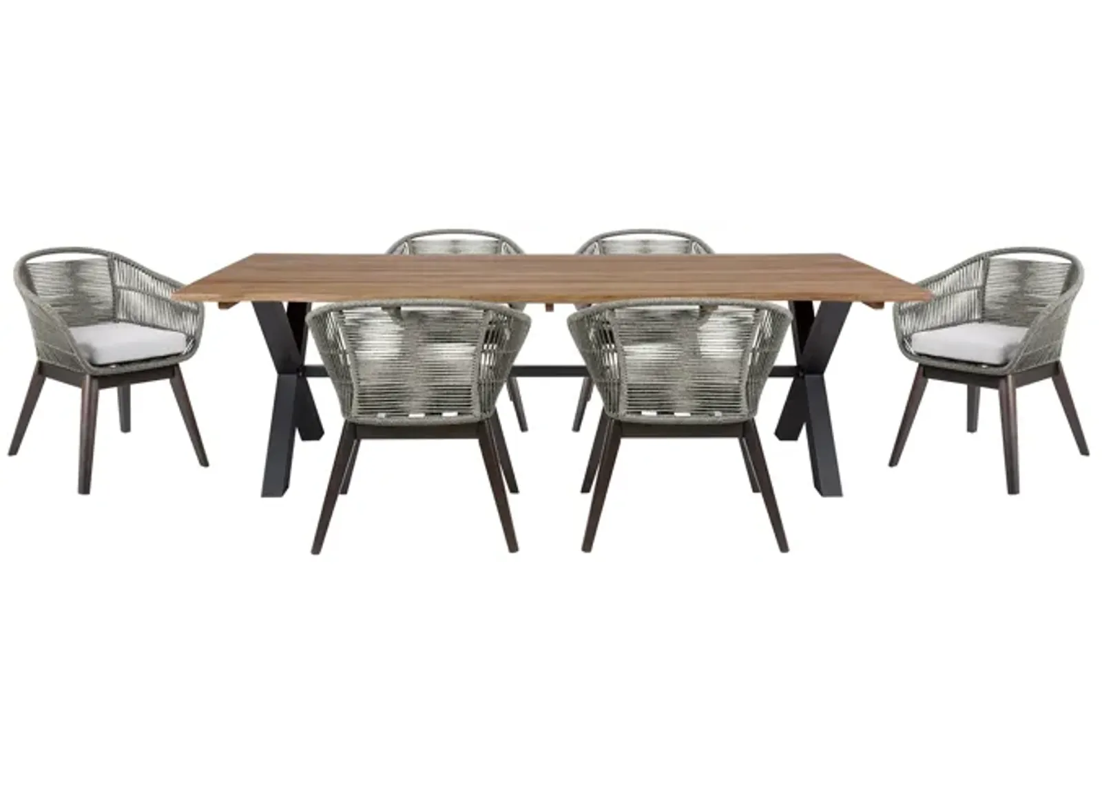 Glendora Tutti Frutti Outdoor Patio 7 Piece Live Edge Dining Set in Eucalyptus Wood Gray Rope and Cushions 