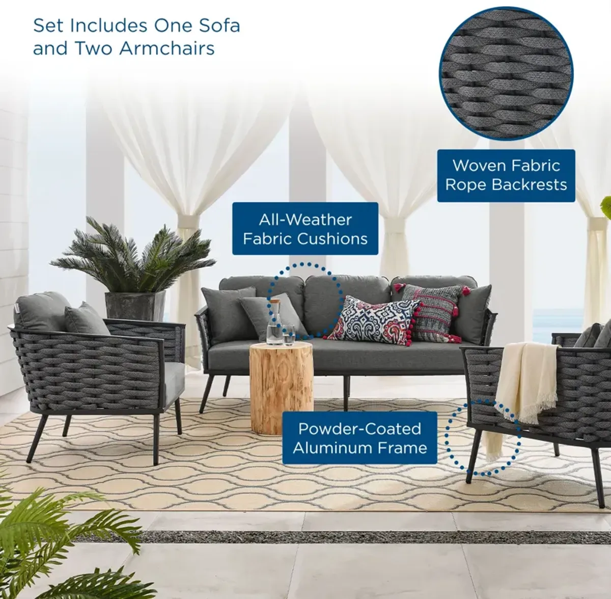 Stance 3 Piece Outdoor Patio Aluminum Sectional Sofa Set