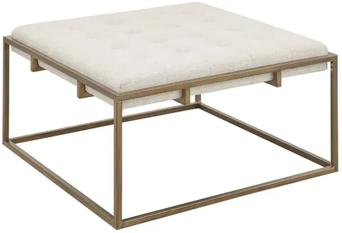 Madison Park Greenwich Ivory Square Shape Button-tufted Upholstered Metal Base Ottoman/Coffee Table