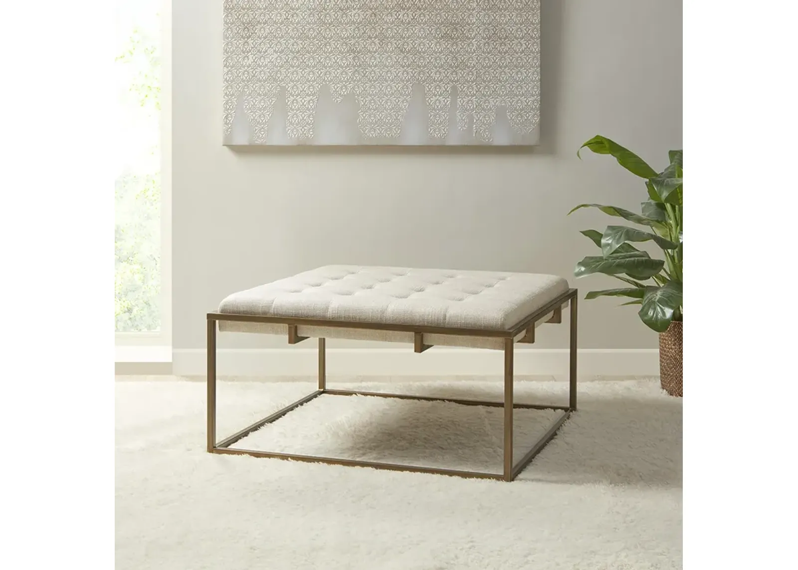 Madison Park Greenwich Ivory Square Shape Button-tufted Upholstered Metal Base Ottoman/Coffee Table