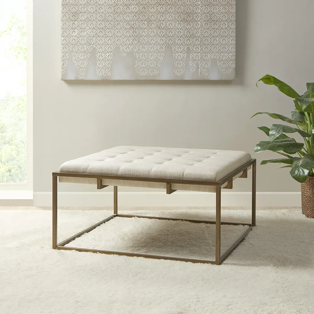 Madison Park Greenwich Ivory Square Shape Button-tufted Upholstered Metal Base Ottoman/Coffee Table