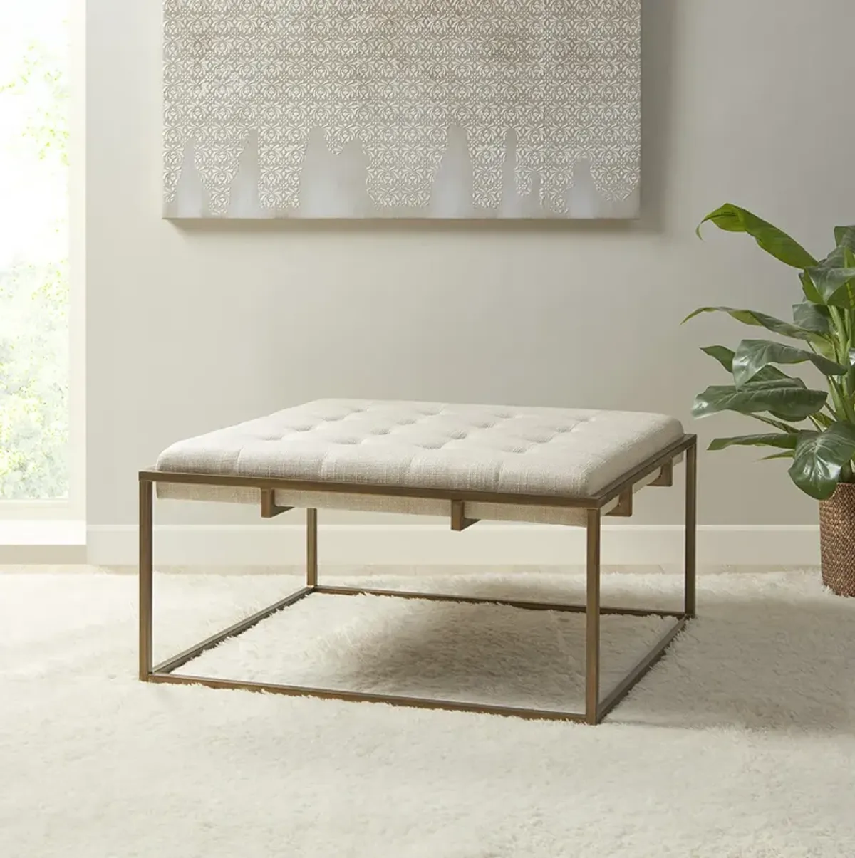 Madison Park Greenwich Ivory Square Shape Button-tufted Upholstered Metal Base Ottoman/Coffee Table