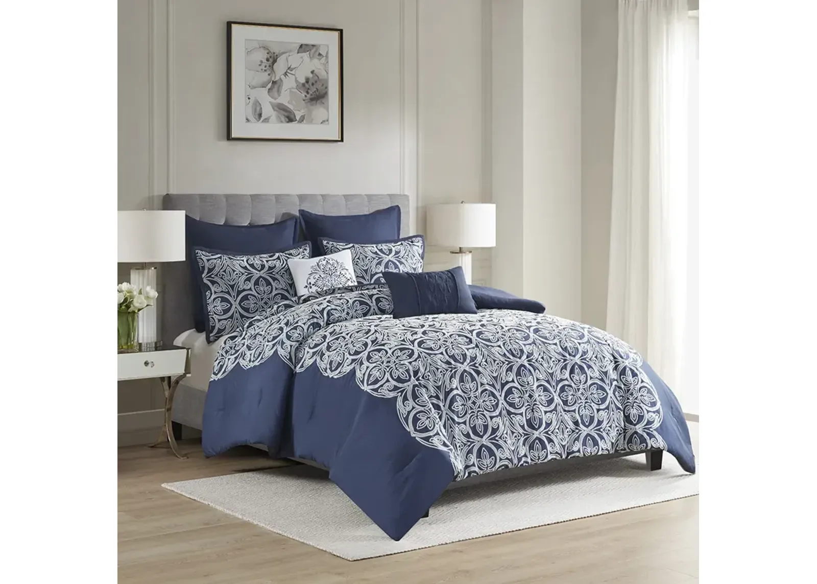 Madison Park Rana Navy 7 Piece Flocking Comforter Set with Euro Shams and Throw Pillows