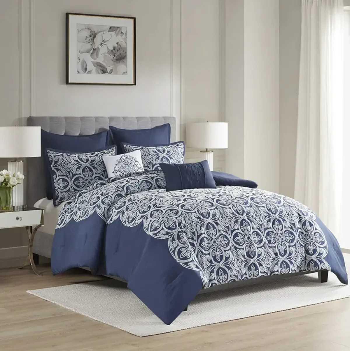 Madison Park Rana Navy 7 Piece Flocking Comforter Set with Euro Shams and Throw Pillows