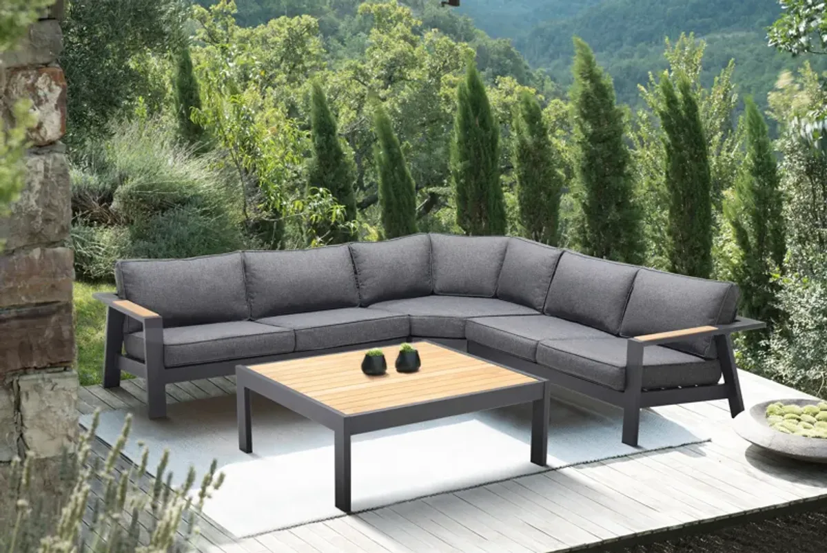 Palau 4 Piece Outdoor Sectional Set with Cushions in Dark Grey and Natural Teak Wood Accent