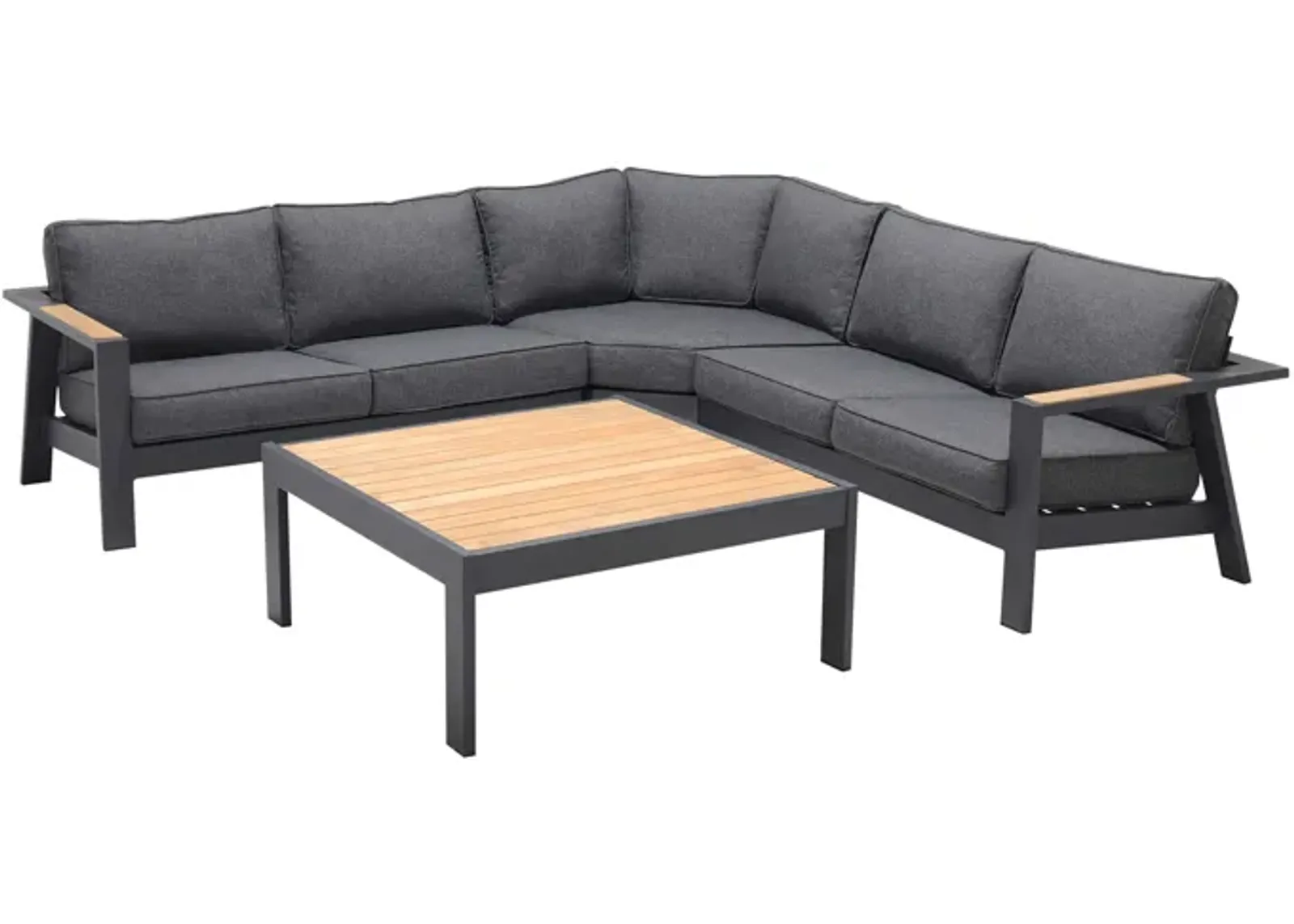 Palau 4 Piece Outdoor Sectional Set with Cushions in Dark Grey and Natural Teak Wood Accent