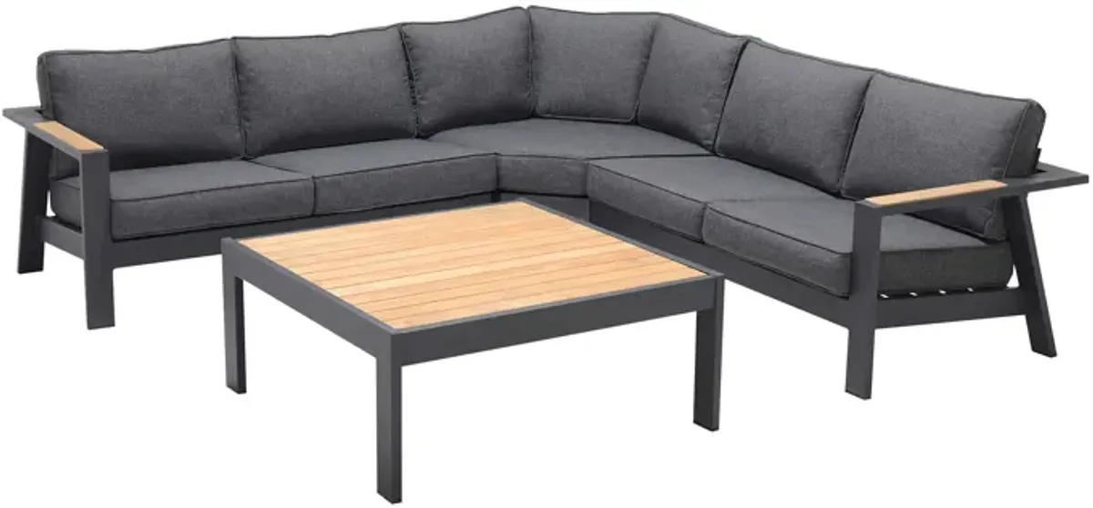 Palau 4 Piece Outdoor Sectional Set with Cushions in Dark Grey and Natural Teak Wood Accent