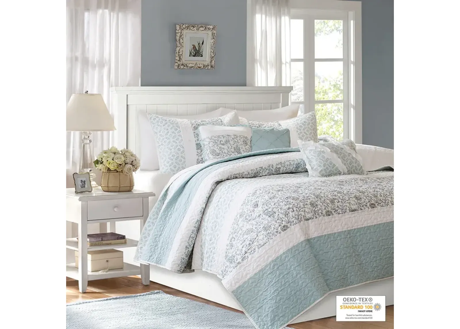 Madison Park Dawn Aqua 6 Piece Cotton Percale Quilt Set with Throw Pillows