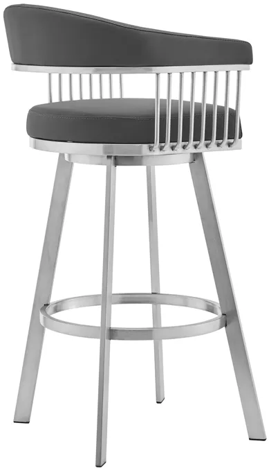 Bronson 25" Gray Faux Leather and Brushed Stainless Steel Swivel Bar Stool