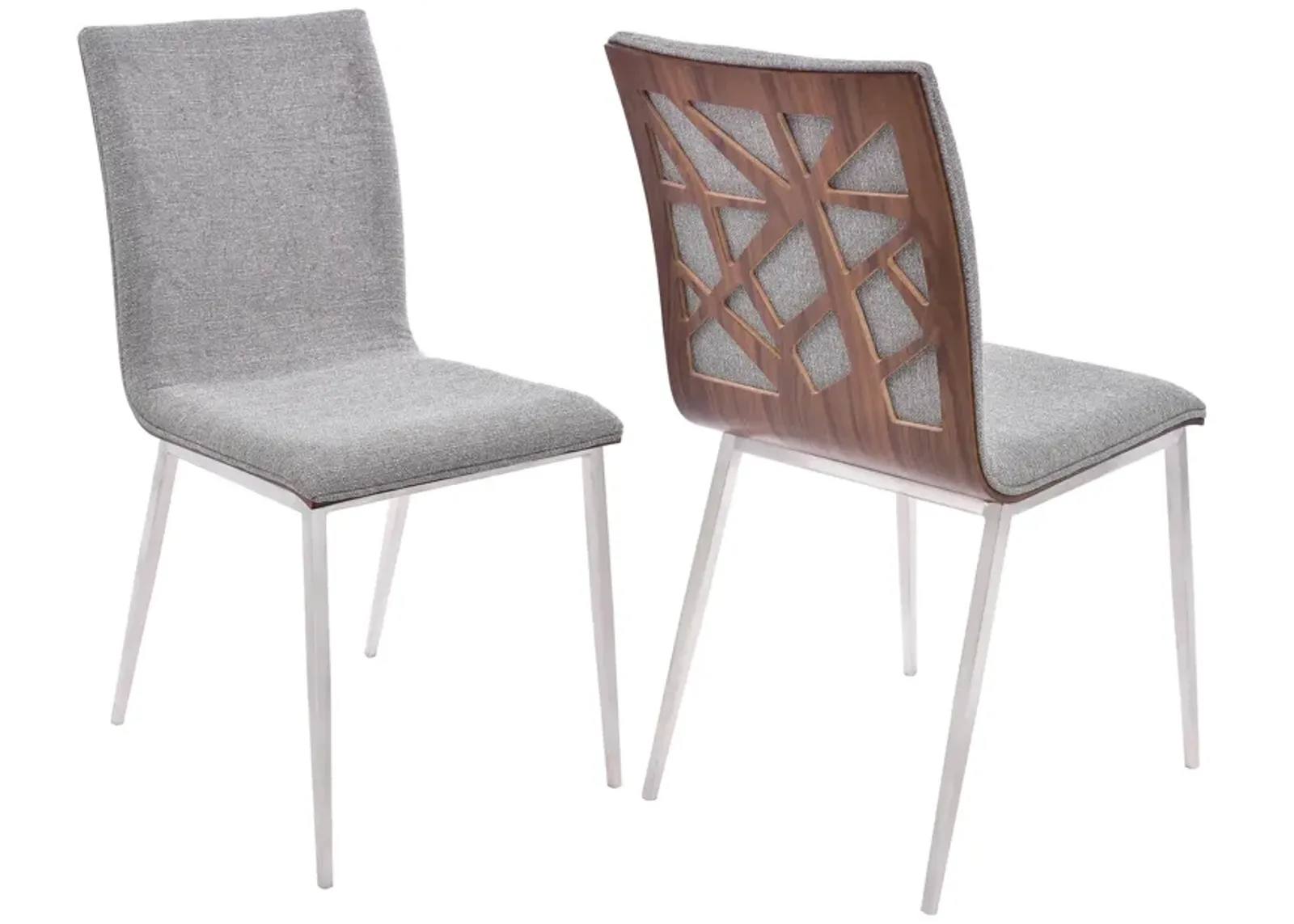 Crystal Dining Chair in Brushed Stainless Steel finish with Gray Fabric and Walnut Back - Set of 2