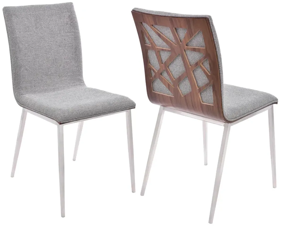 Crystal Dining Chair in Brushed Stainless Steel finish with Gray Fabric and Walnut Back - Set of 2