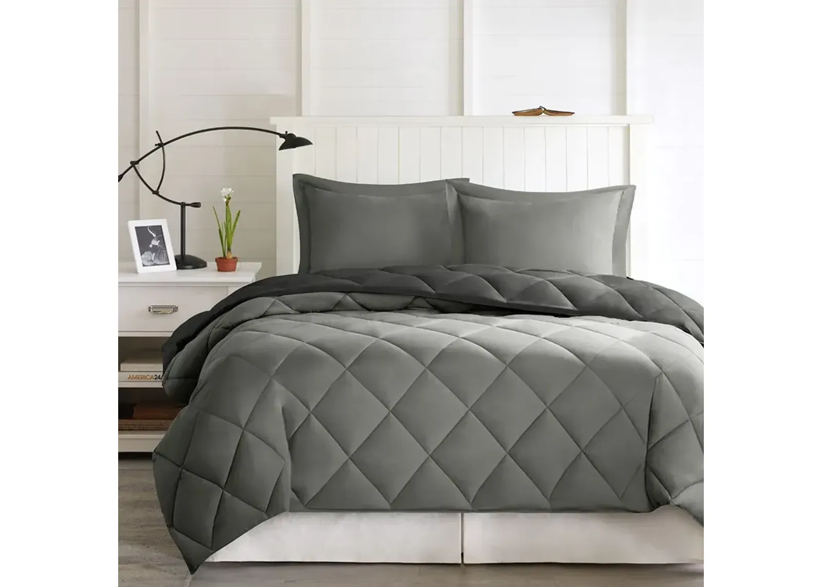 Madison Park Essentials Larkspur Black/Grey 3M Scotchgard Diamond Quilting Reversible Down Alternative Comforter Set