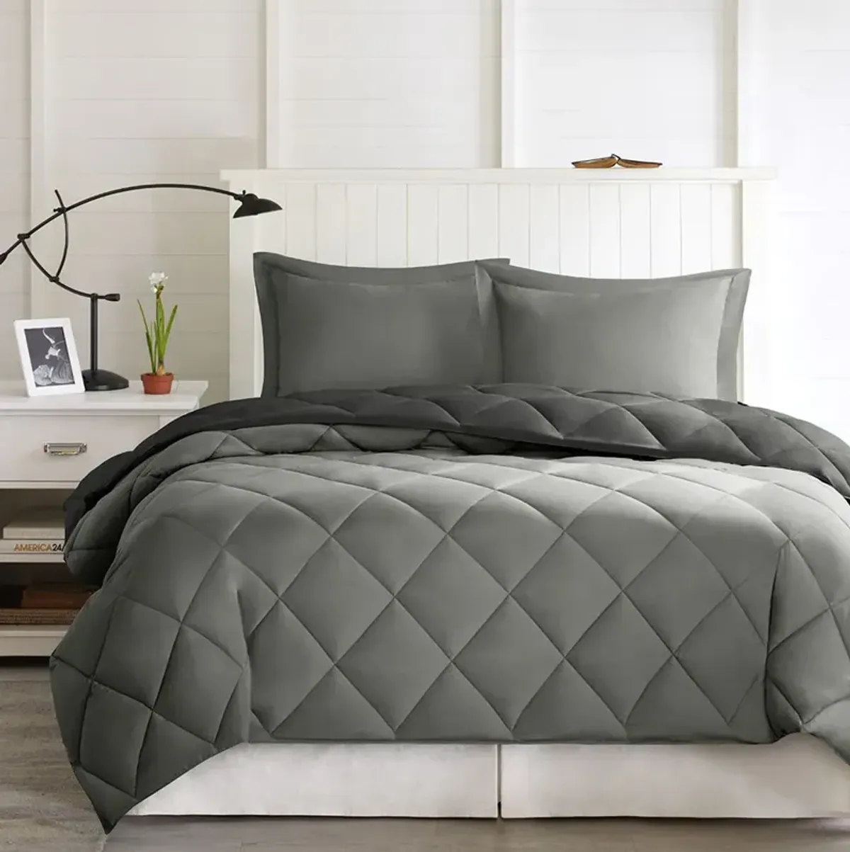 Madison Park Essentials Larkspur Black/Grey 3M Scotchgard Diamond Quilting Reversible Down Alternative Comforter Set