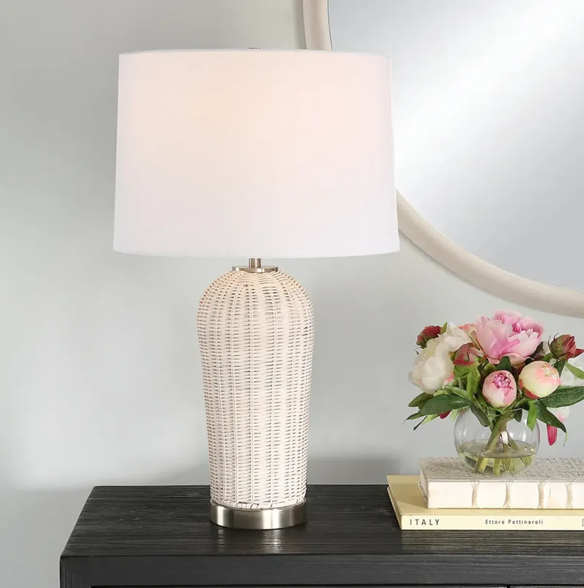 Rattan Finished In White With Brushed Nickel Accents Table Lamp