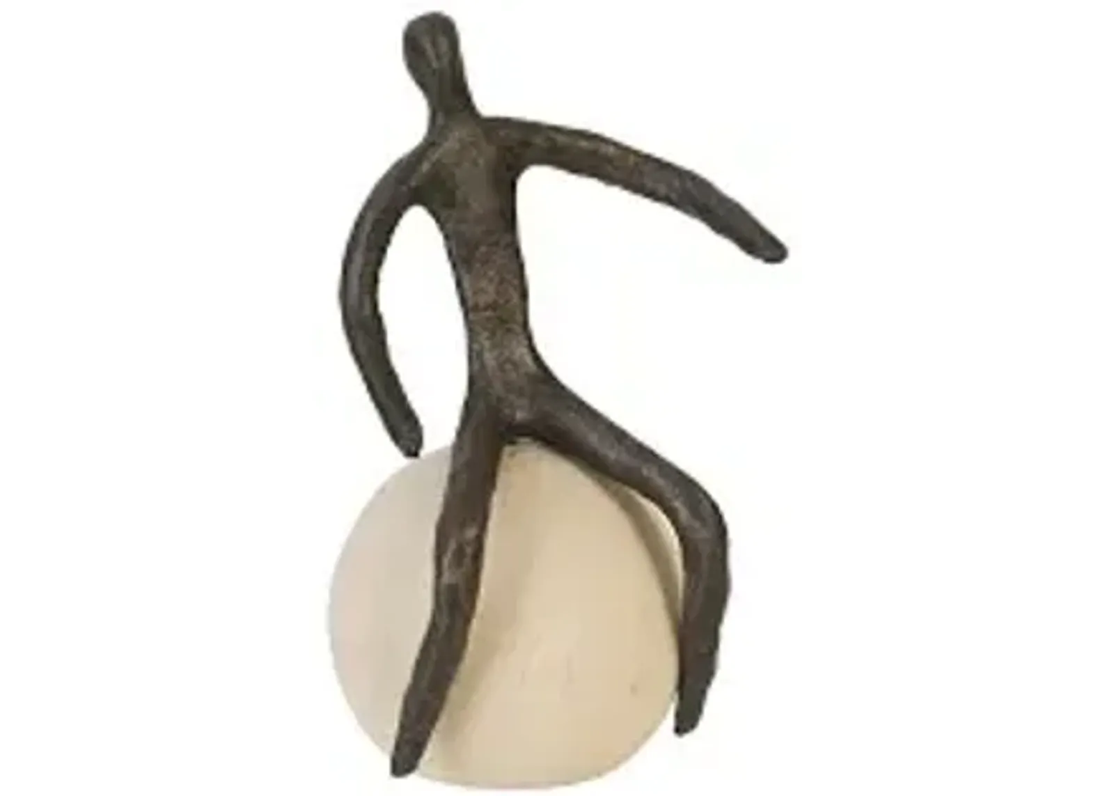 abstract figure on bleached wood base, bronze finish, left arm down